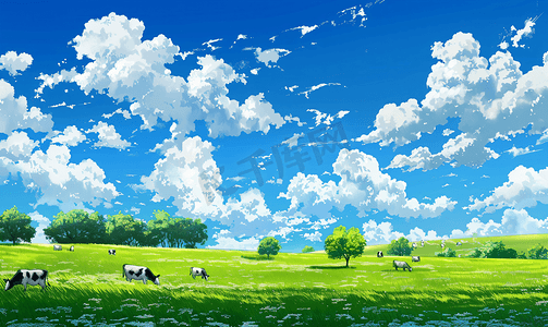ai蓝天白云摄影照片_在牧场上的奶牛蓝天白云树木