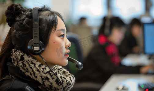 客服接听摄影照片_美丽的中国客户服务坐在办公室的座位上接听电话