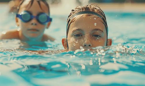 游泳暑假摄影照片_小孩子练习游泳