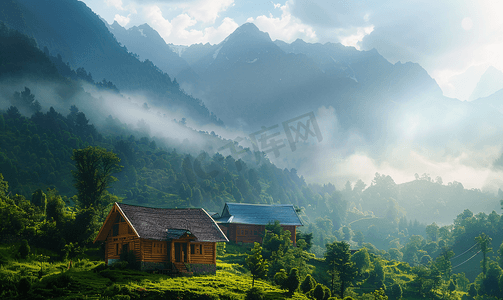 水墨山背景摄影照片_旅游早晨房屋山区漂动摄影图