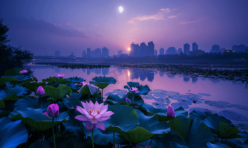 紫色夜晚摄影照片_湖南长沙夜晚荷塘月色日落荷花摄影图