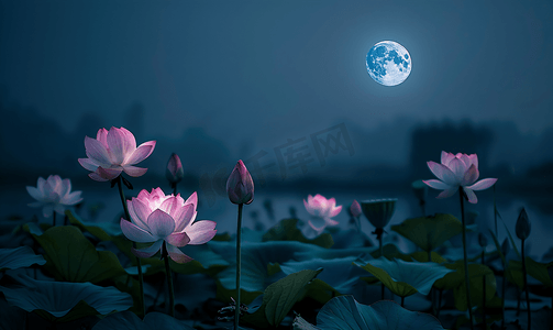 中秋背景植物摄影照片_长沙夜晚荷塘月色月亮荷花摄影图