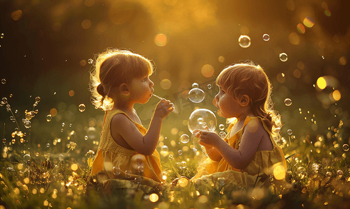 儿童节摄影照片_户外草坪白天两个小朋友户外草坪吹泡泡摄影图