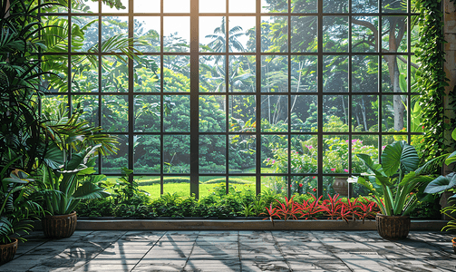 窗中式摄影照片_格窗清晨园林风景透视摄影图