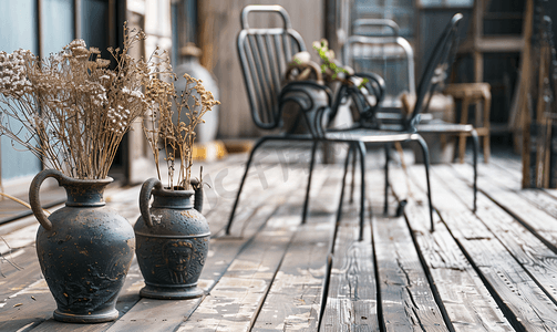 芦苇花摄影照片_有用黑色金属椅子装饰的旧木地板和用干芦苇花装饰的台拉科塔罐子.