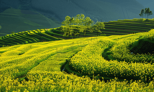 稻田早晨油菜花田场景摄影图