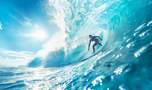 海浪波浪摄影照片_夏天在蓝色的海洋波浪冲浪者