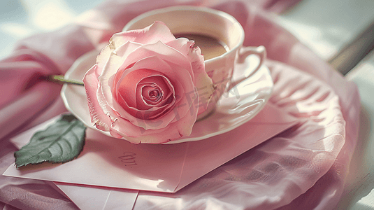 玫瑰花瓣雨摄影照片_信封玫瑰美味咖啡摄影14