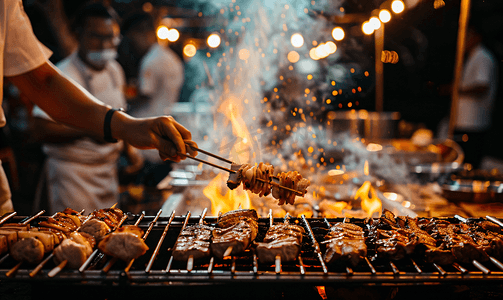 美食摄影照片_烧烤美食夜晚厨师做烧烤厨房小吃摆拍摄影图