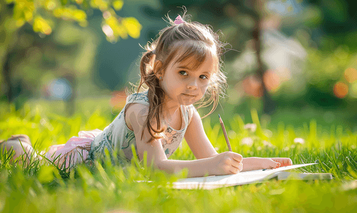 儿童节摄影照片_儿童美术白天可爱小女孩户外草坪写生画画摄影图 人物