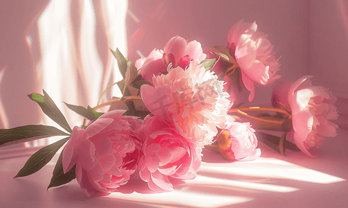 鲜花白天春天粉色洋牡丹室内桌面光影摄影图