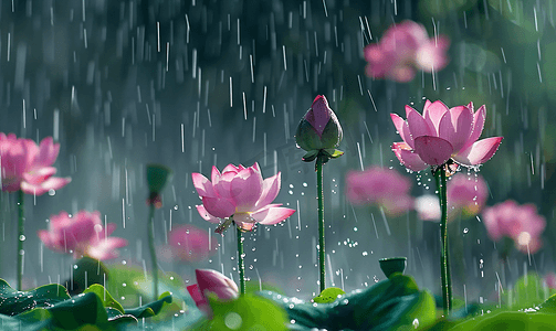 雨中荷花摄影图