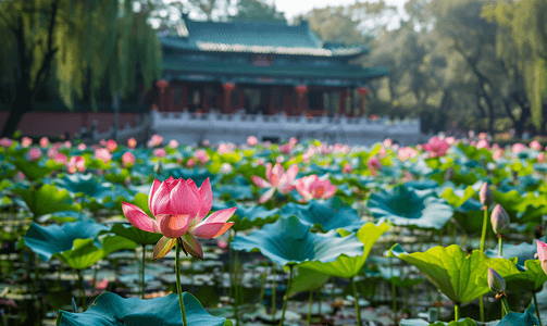 北京地标北海公园荷花旅游摄影图