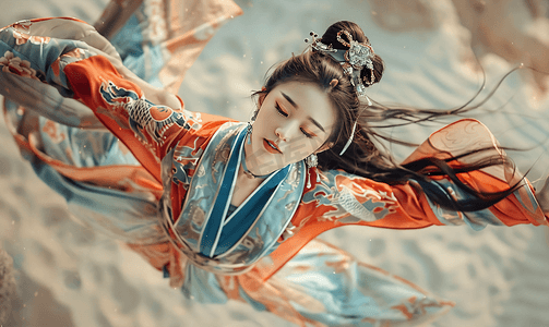 中国画兰摄影照片_中国传统文化白天敦煌飞天美女室内飞天姿势摄影图