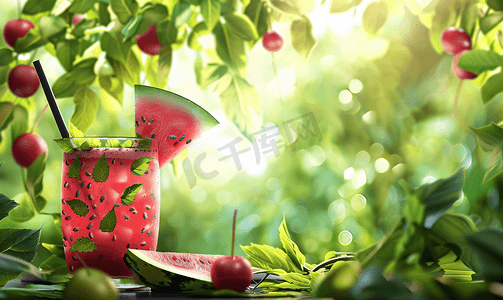 夏日饮品白天新鲜西瓜汁绿树下文艺唯美背景摄影图