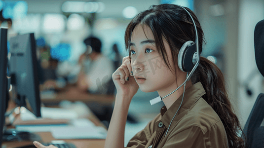 美丽的中国客户服务坐在办公室的座位上接听电话