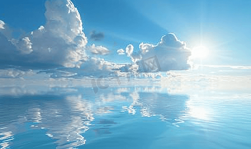 蓝色平静的海面水与云镜面