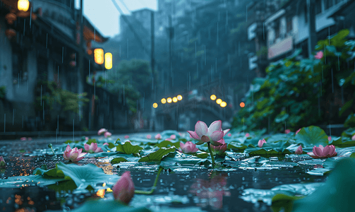红莲子摄影照片_长沙雨天荷花瓣花瓣荷叶摄影图