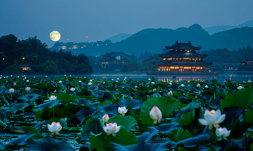 湖南望城夜晚荷塘月色荷花摄影图