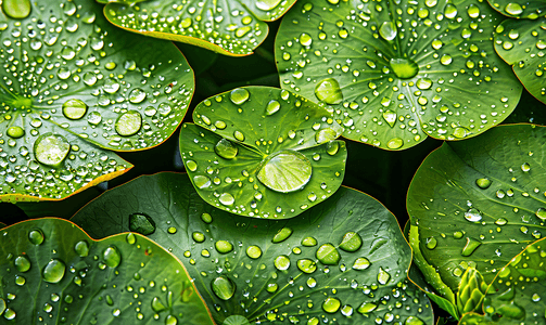 夏天荷塘荷叶绿色露水水滴摄影图