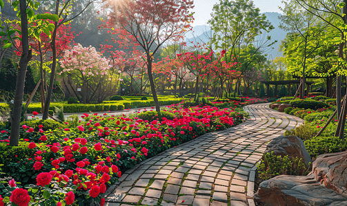 七夕节快乐字体摄影照片_七夕自然风景花园洋玫瑰花圃摄影图