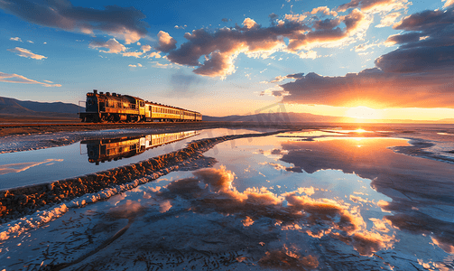 柯柯盐湖摄影照片_青海夕阳西宁茶卡盐湖火车摄影图