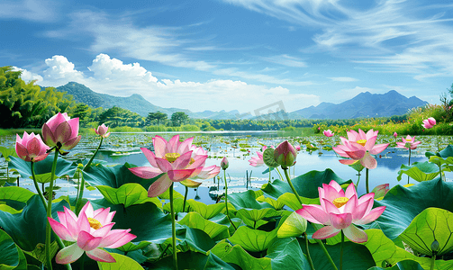 大池塘摄影照片_彩色夏季夏天荷花池塘风景