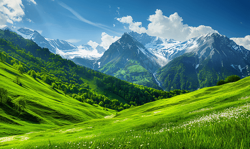 房子和树摄影照片_在阿尔卑斯山以鲜绿色的草地和白雪皑皑的山峰的田园景观