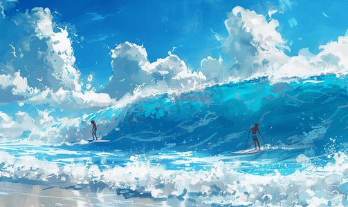 手绘中国风景摄影照片_夏天在蓝色的海洋波浪冲浪者