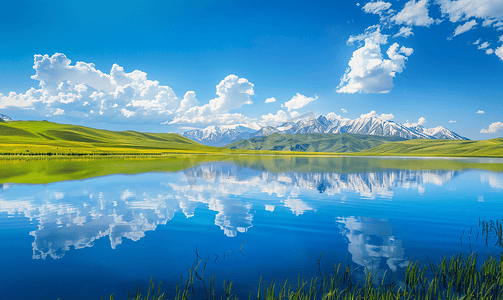 草地西餐摄影照片_新疆伊犁唐布拉仙女湖草原雪山摄影图