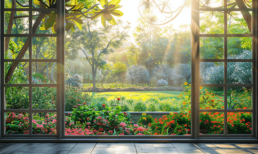 窗中式摄影照片_格窗清晨园林风景透视摄影图