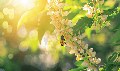 夏天植物花朵摄影照片_夏天风景阳光下蜜蜂采蜜户外槐花盛开摄影图