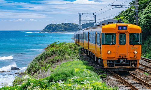 清新夏天日本镰仓湘南海岸列车摄影图