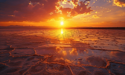 夕阳落日茶卡盐湖水摄影图