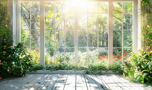 格窗清晨园林风景透视摄影图