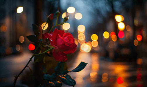 路灯下蔷薇花摄影图