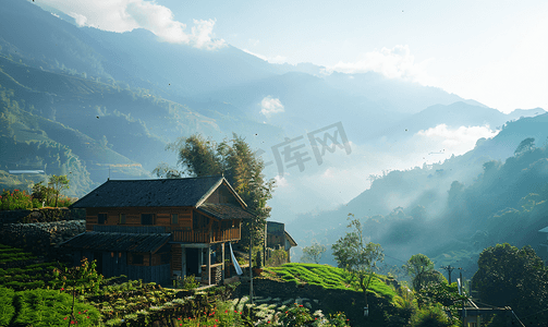 水墨夏天摄影照片_旅游早晨房屋山区漂动摄影图