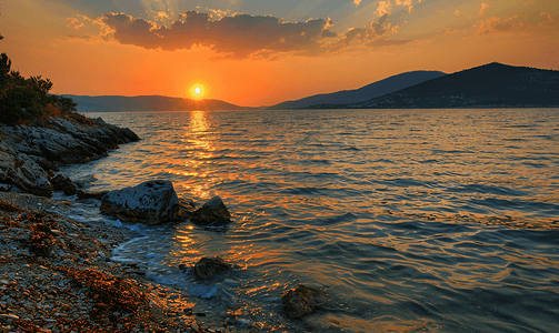 重阳夕阳摄影照片_海上夕阳土耳其风景