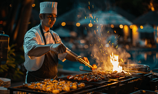 露天烧烤摊摄影照片_厨师做烧烤夜晚烧烤小吃厨房美食摆拍摄影图