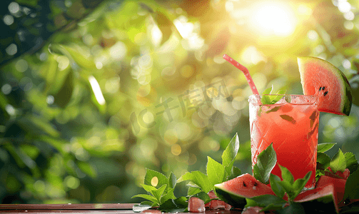 夏日饮品白天新鲜西瓜汁绿树下文艺唯美背景摄影图