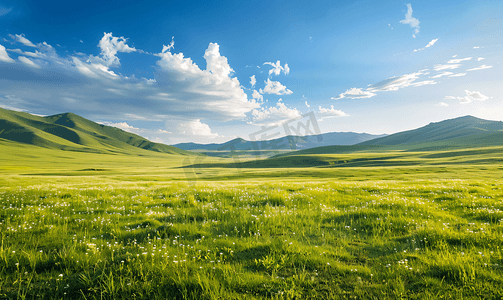 草地白云背景摄影照片_内蒙古高山草原景观