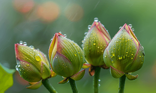 雨后荷花花苞摄影图