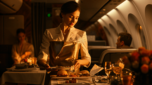空乘人员空姐在客舱给顾客端食物