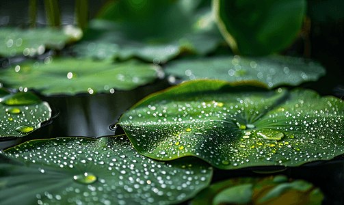 夏天荷塘荷叶绿色露水水滴摄影图