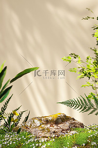 立体展台背景图片_春天植物花卉绿色3D立体展台仿摄影背景