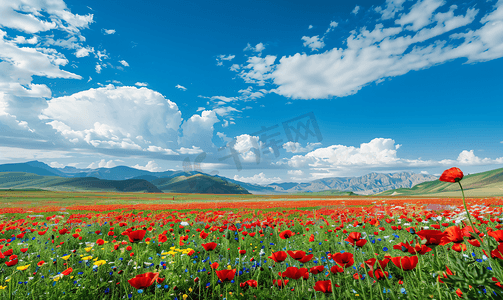 红玫瑰花海摄影照片_新疆伊犁巩留县核桃沟景区的蓝天白云和花海摄影图