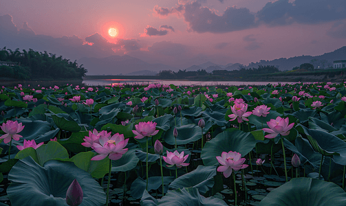 湖南长沙夜晚荷塘月色日落荷花摄影图