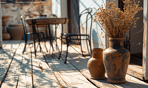 室内家居摄影照片_有用黑色金属椅子装饰的旧木地板和用干芦苇花装饰的台拉科塔罐子.