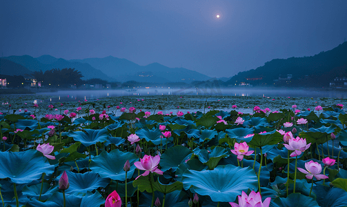 中秋蓝色背景摄影照片_湖南望城夜晚荷塘月色荷花摄影图