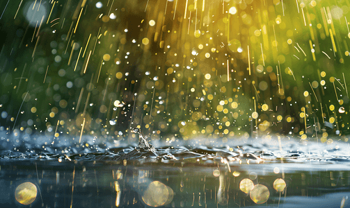下雨天水面水滴雨水节气雨滴水面水花飞溅摄影图
